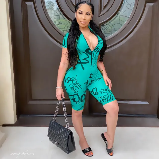 Printed Letters Short sleeved Jumpsuit Lake Blue - Shop at LoveMi