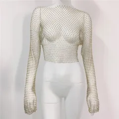 Women's Mesh Round Neck Long-sleeved Top See-through Fishnet - Gold - View 1