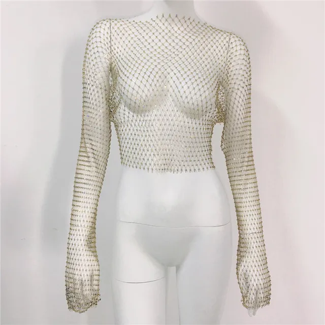 Women's Mesh Round Neck Long sleeved Top See through Fishnet Gold - Shop at LoveMi