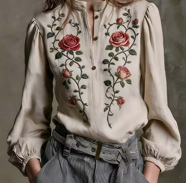 Off-white Stand-collar Rose Embroidery Puffed-sleeve Vintage Shirt — image 1