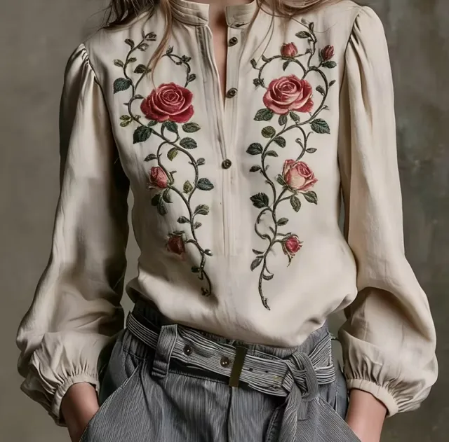 Off white Stand collar Rose Embroidery Puffed sleeve Vintage Shirt White - Shop at LoveMi