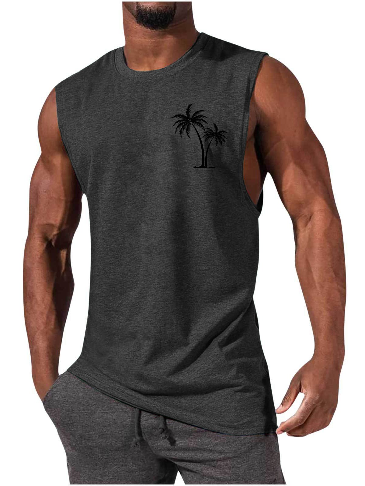 Coconut Tree Embroidery Vest Summer Beach Tank Tops Workout Muscle Men Sports Fi