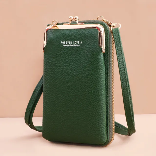 Mobile Phone Bag With Lock Design Korean Style Fashion Lychee Pattern Crossbody Bags For Women Green - Shop at LoveMi