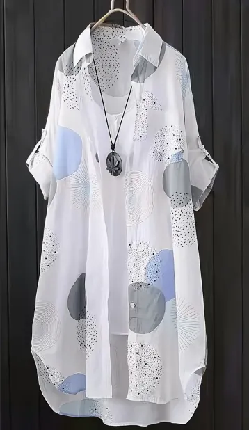 Chic Geometric Print Blouse For Women - Casual Button-Up Lapel, Durable Thigh-Length, Ideal For Spring Summer - Blue