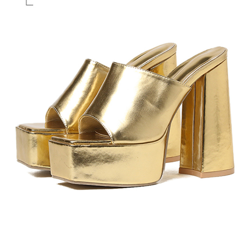 Women's Fashion Outer Wear Thick With A Word Sandals Gold - Shop at LoveMi