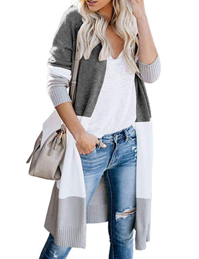Women's Casual Long Sleeve Tricolor Panel Cardigan