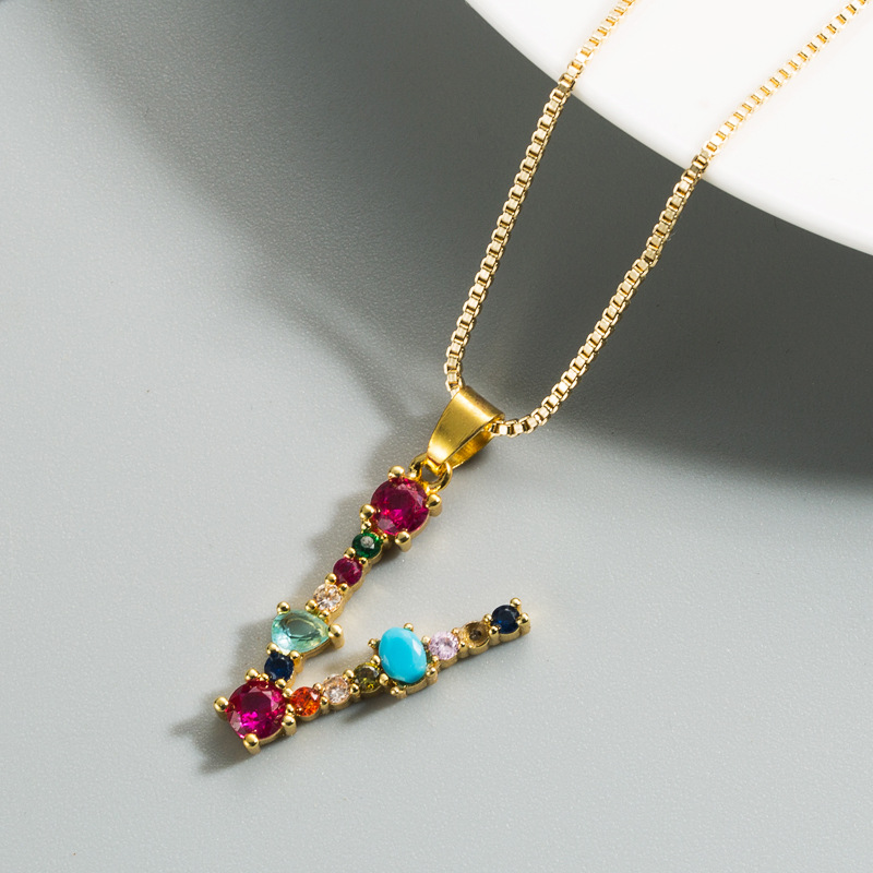 Female Colored Gemstone Necklace Gold-plated Copper With 26 English Letters Clavicle Chain