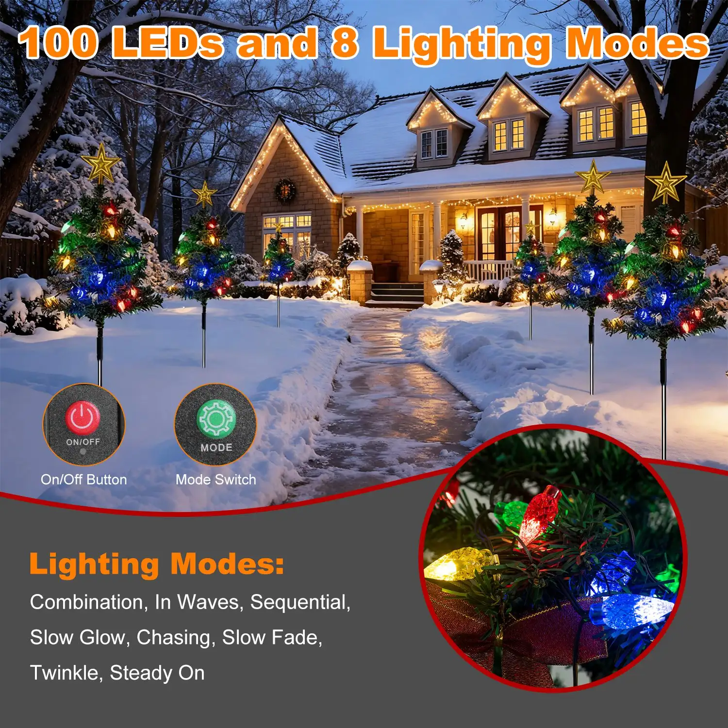 2Pack 37.4in Height Solar Christmas Tree With 1 Hundred Colorful LED Beads 8 Lighting Modes For Xmas Decoration IP44 Waterproof Outdoor Pathway Stake Light For 