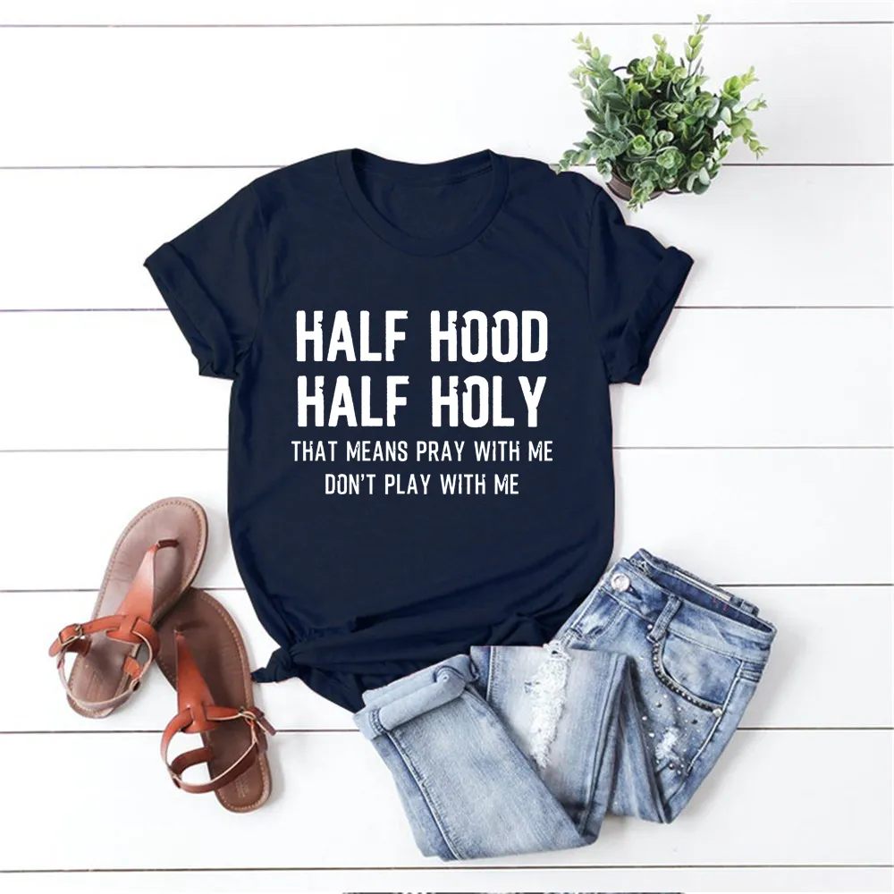 European And American English Alphabet Printing Loose Large Size Casual Short Sleeves - Navy