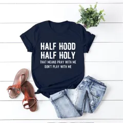 European And American English Alphabet Printing Loose Large Size Casual Short Sleeves - Navy - View 1