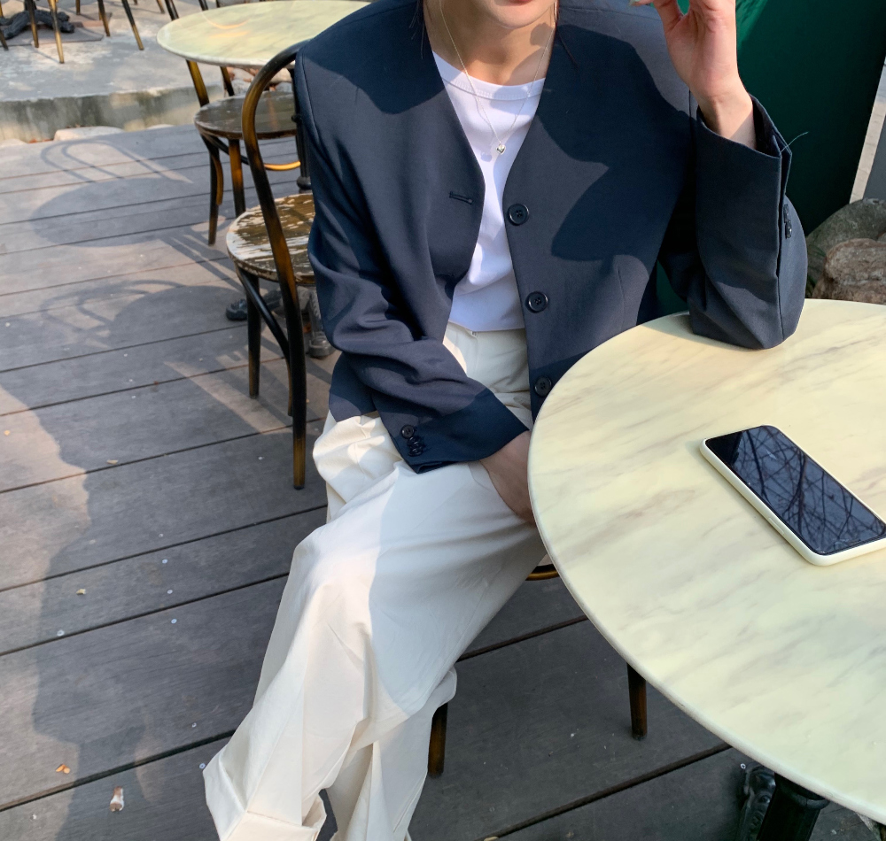 V neck Single breasted Loose Straight Long sleeved Suit Short Jacket Navy - Shop at LoveMi