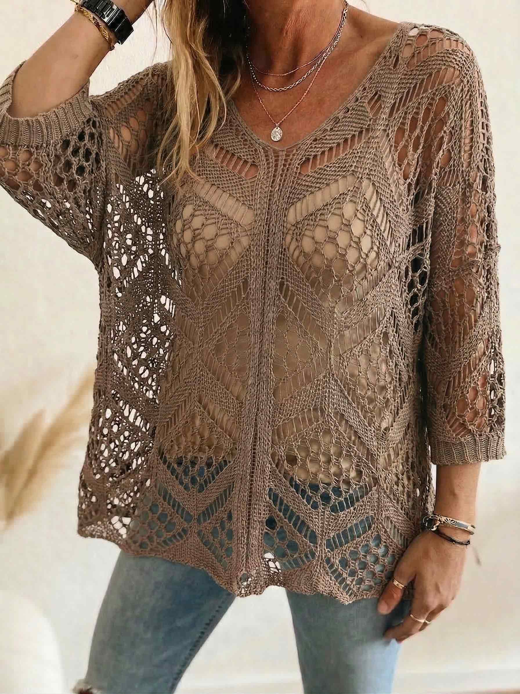 Ladies Oversized Open Weave Mesh Knit Shirt V-Neck Half Sleeve Breathable Beach Cover Up