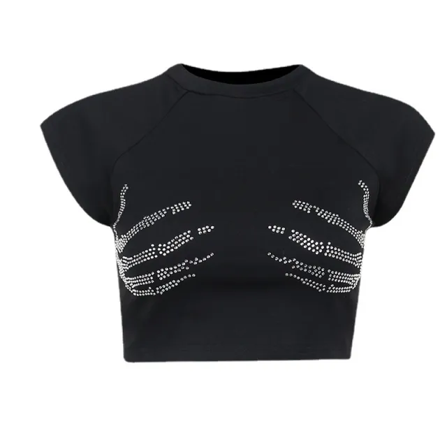 Knitted Round Neck Rhinestone Short Sleeve Top Sexy Short Women's Clothing Black - Shop at LoveMi