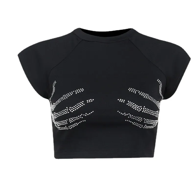 Knitted Round Neck Rhinestone Short Sleeve Top Sexy Short Women's Clothing - Black