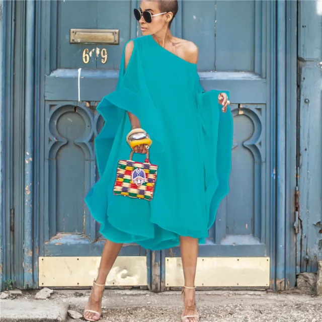 Women's Chiffon Off the shoulder Flying Sleeve Dress Light Blue - Shop at LoveMi