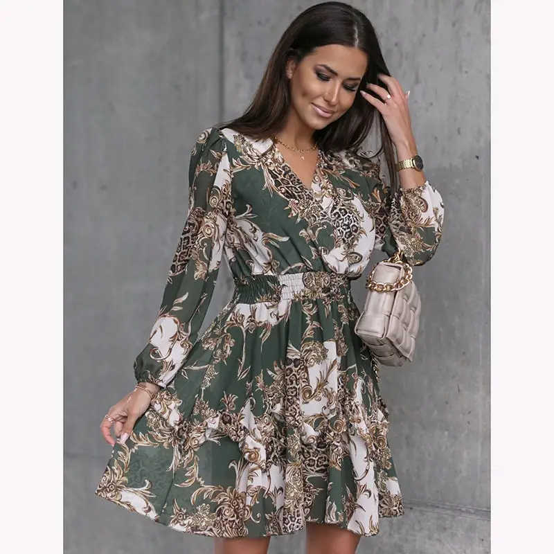 Women's V-neck Elastic Waist Long Sleeve Printed Dress