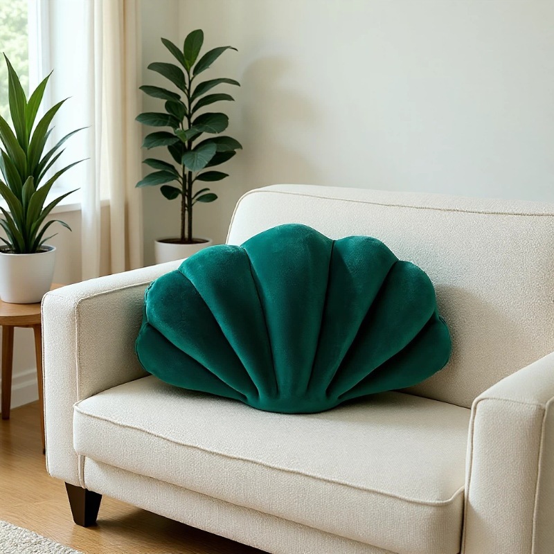 Pernă decorativă verde închis cu motiv de scoică  Din catifea moale „Crystal” cu pliuri 3D în formă de scoică, umplută cu vată PP, pentru canapea, sufragerie