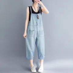 Women's Loose Large Size Jumpsuit Cropped Denim Overalls - Light Blue - View 1