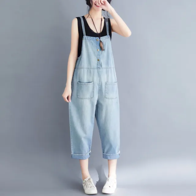 Women's Loose Large Size Jumpsuit Cropped Denim Overalls Light Blue - Shop at LoveMi