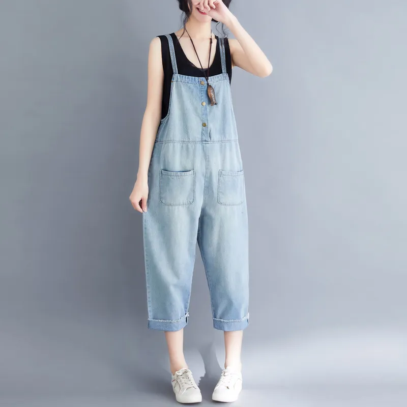 Women's Loose Large Size Jumpsuit Cropped Denim Overalls - Light Blue