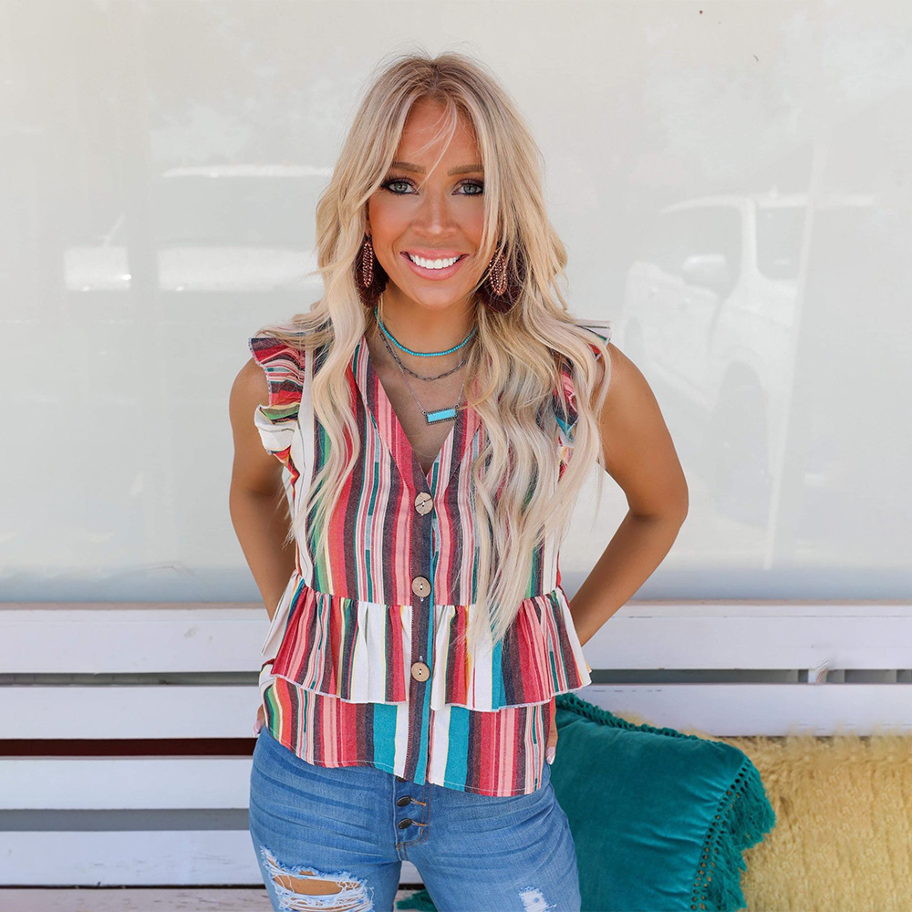 Women's Printed Sleeveless Cardigan Ruffled Casual Shirt