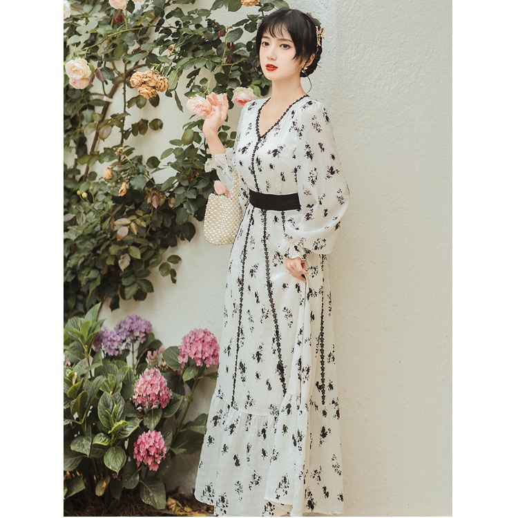 Retro Heavy Industry Lace Bow Fairy Skirt High Waist Thin Gentle Dress