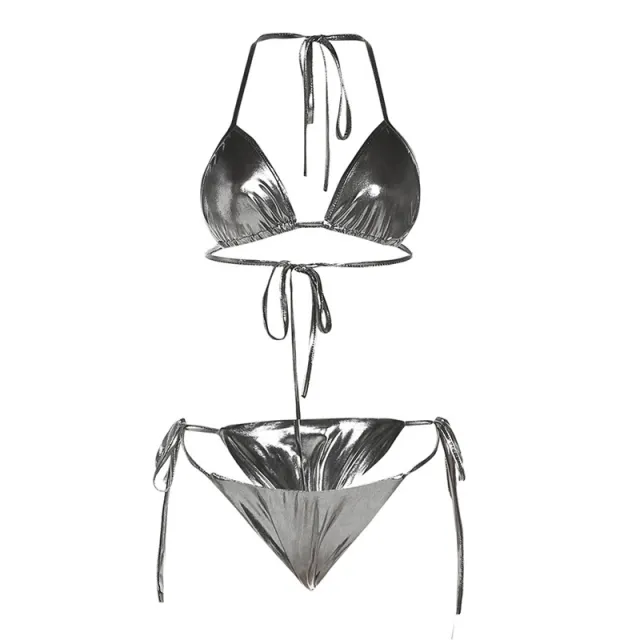Hanging Neck Lace up Reflective Bikini Two piece Grey - Shop at LoveMi