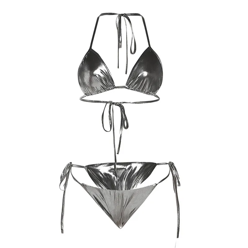 Hanging Neck Lace-up Reflective Bikini Two-piece - Grey