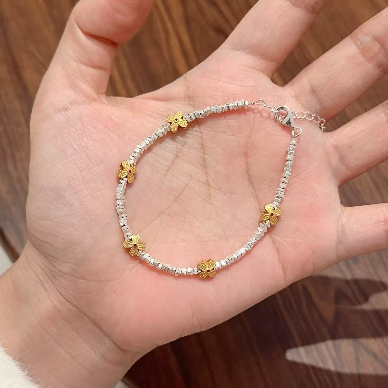 1pc 999 Sterling Silver Gold Flower Charm Bracelet, Chinese Style, Perfect For Daily Wear And Valentine's Gift