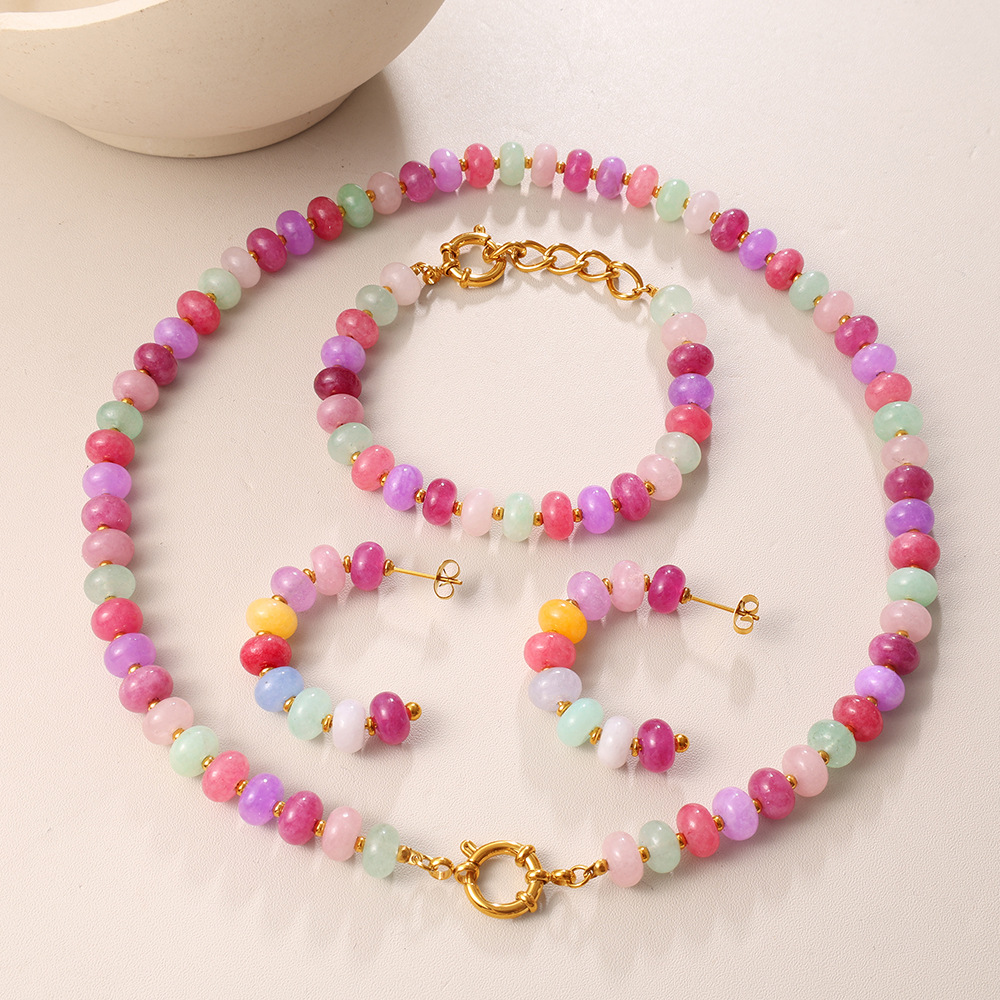 Irregular Colorful Beaded Earrings, Bracelet & Necklace Stainless Steel Vacation Style Dopamine Light Luxury Jewelry Set