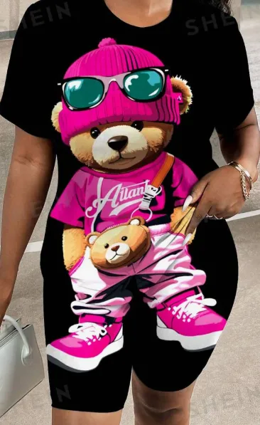 Slayr Casual Printed Cute Bear Pattern Set For Women, Suitable For Summer Purple - Shop at LoveMi