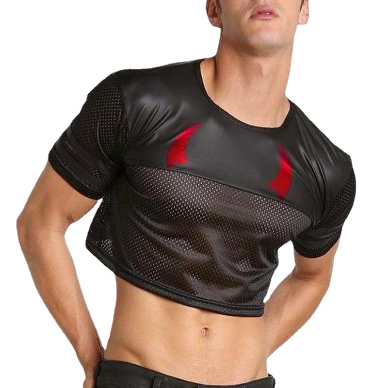 Title 4, Mens Leather Mesh Panel High Waist Half T-Shirt