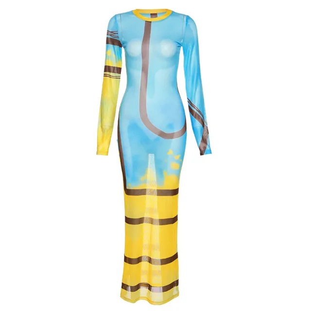 Mesh Stripe Print Perspective Slim Fit Wrap Hip Dress Printed Color - Shop at LoveMi