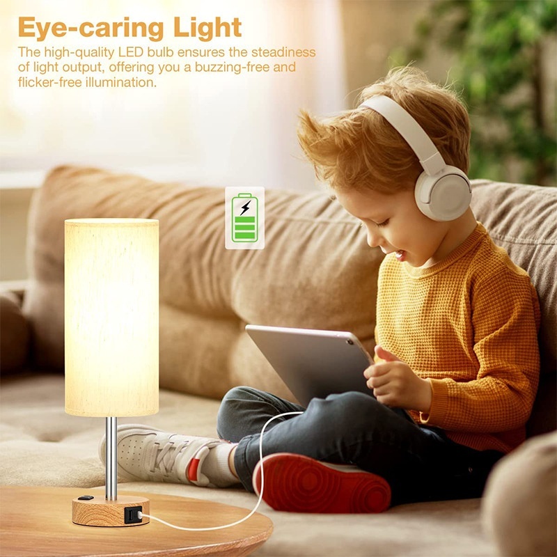 Bedside Lamps With 3-pin Plug, 3 Way Dimmable Table Lamp USB AC Charging — image 4