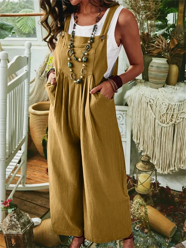 Women's Cotton Linen Pocket Casual Wide Leg Side Button Jumpsuit Yellow - Shop at LoveMi