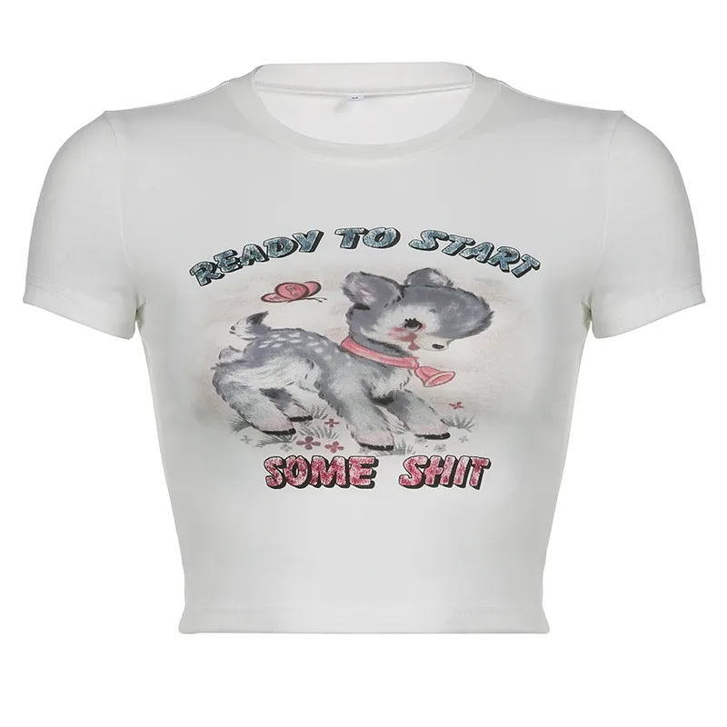 Summer Girls Cute Print Short Sleeve T-Shirt - White