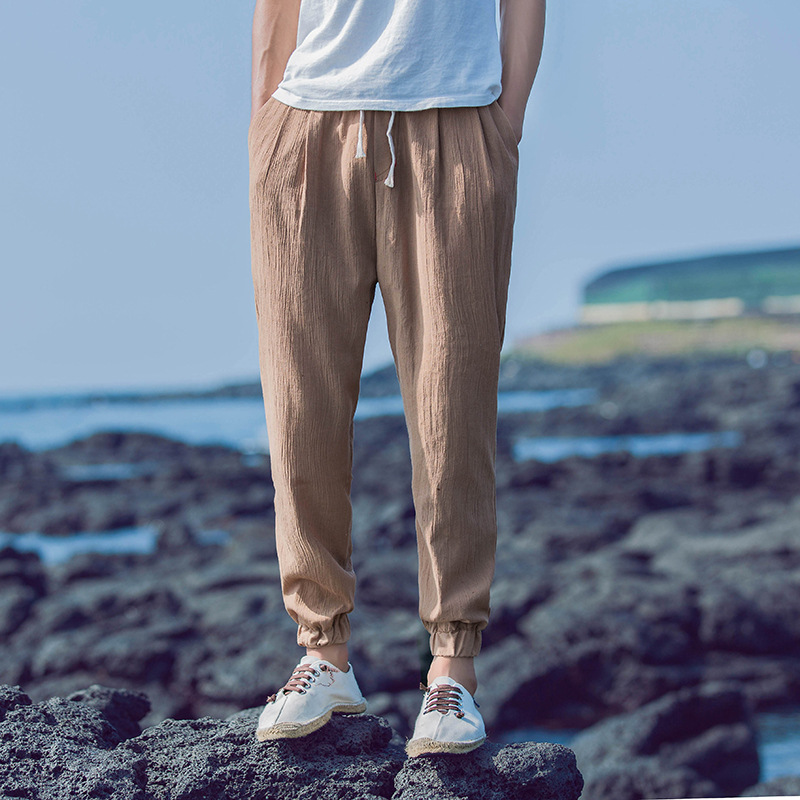 Title 5, Mens Linen Cropped Trousers, Pleated, Loose Co...