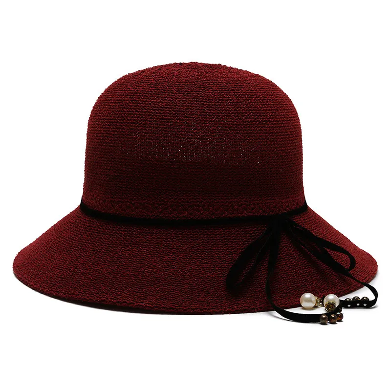 Korean Version Of Fashion Dome Fisherman Ins Trend Warp Knitted Breathable Sun Hat - Wine Red