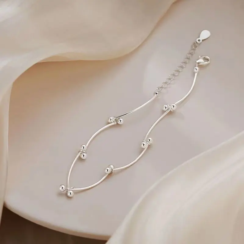 1pcs 999 Sterling Silver Wavy Tube Bead Adjustable Anklet