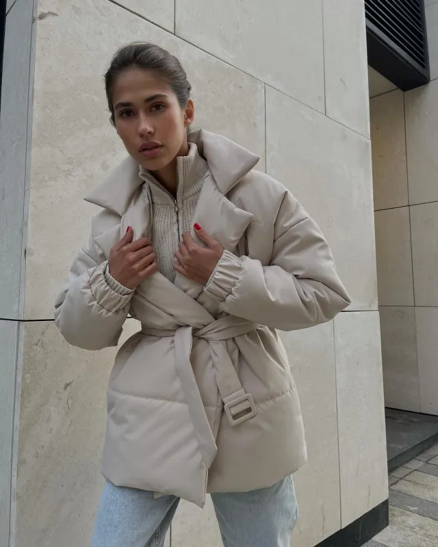 Winter Lapel Waisted Cotton Coat Fashion Solid Color Slim Overcoat Womens Clothing Apricot - Shop at LoveMi