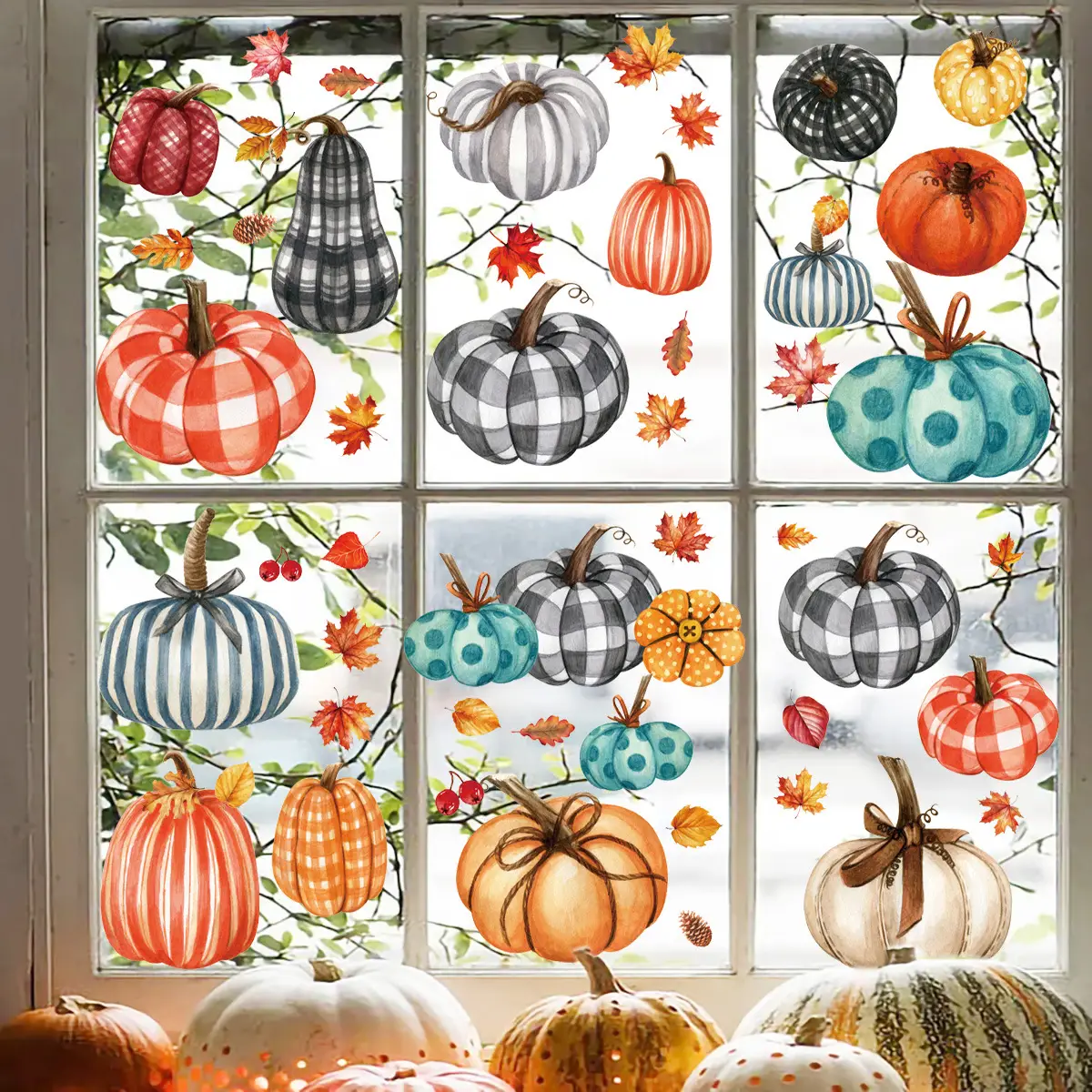 98 PCS Thanksgiving Window Clings 9 Sheets Fall Window Clings Pumpkin Maple Leaves Window Decals Double-Sided Window Stickers For Autumn Thanksgiving Harvest Pa