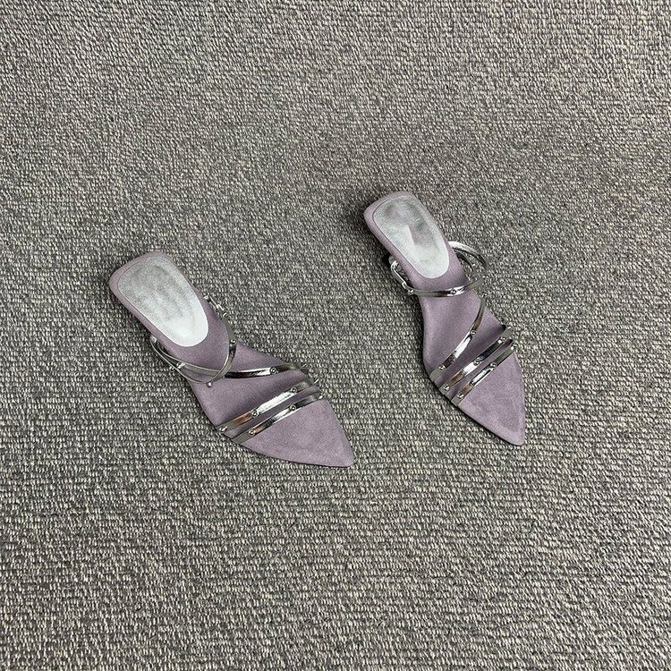 Women French Thin Strap Rivet Pointed Open Toe Wedge Slide Sandals, 5cm Comfortable Party Heels For Summer Outdoor Wear