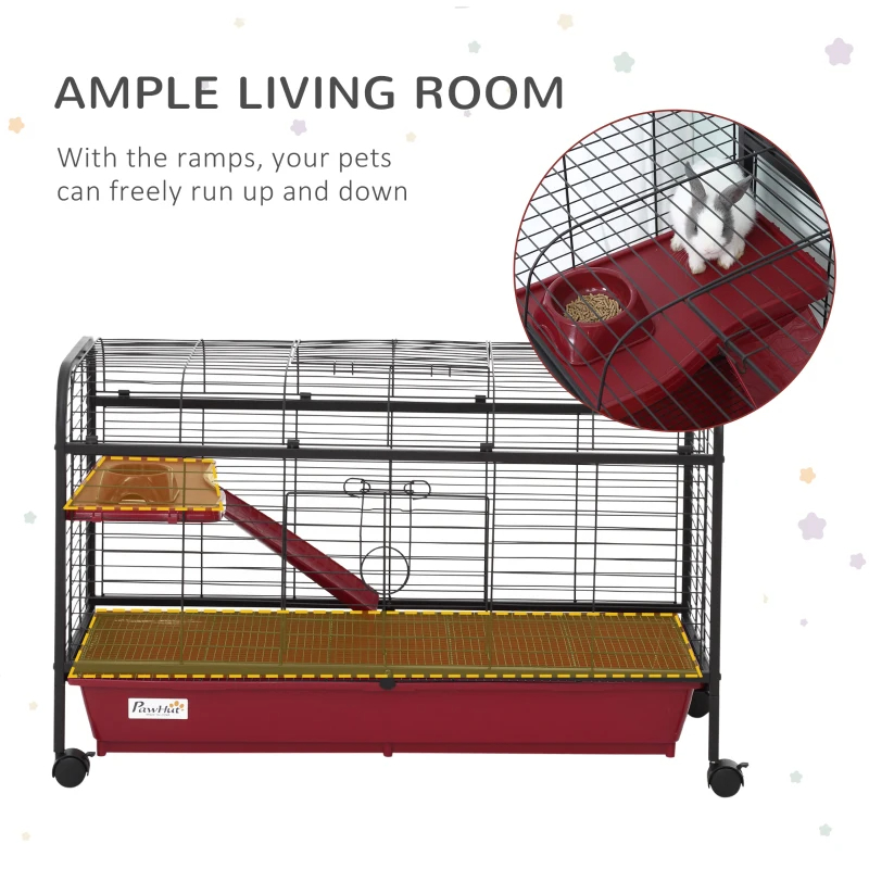 PawHut 41L Small Animal Cage, Pet Play House For Rabbit Hutch Ferret With Feeder, Rolling Wheels, Platform, Ramp