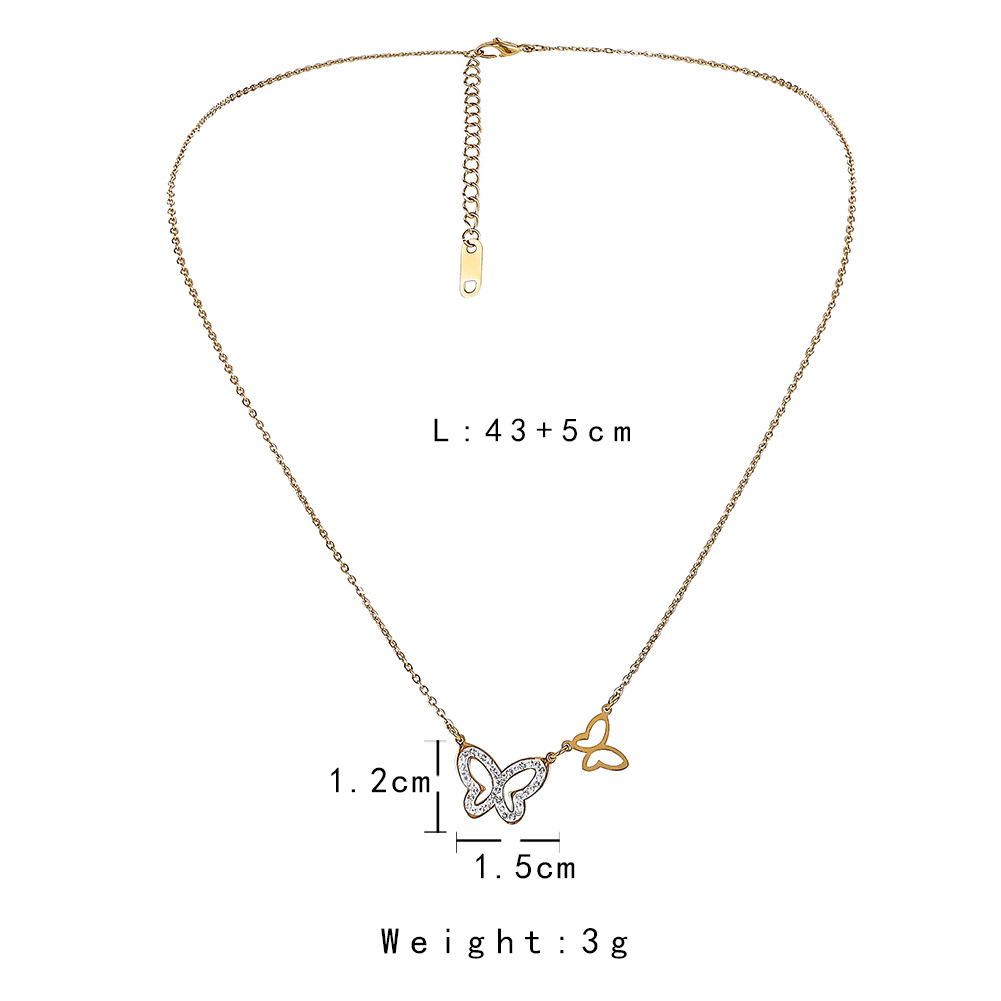 Stainless Steel Hollow Double Butterfly Full Diamond Necklace