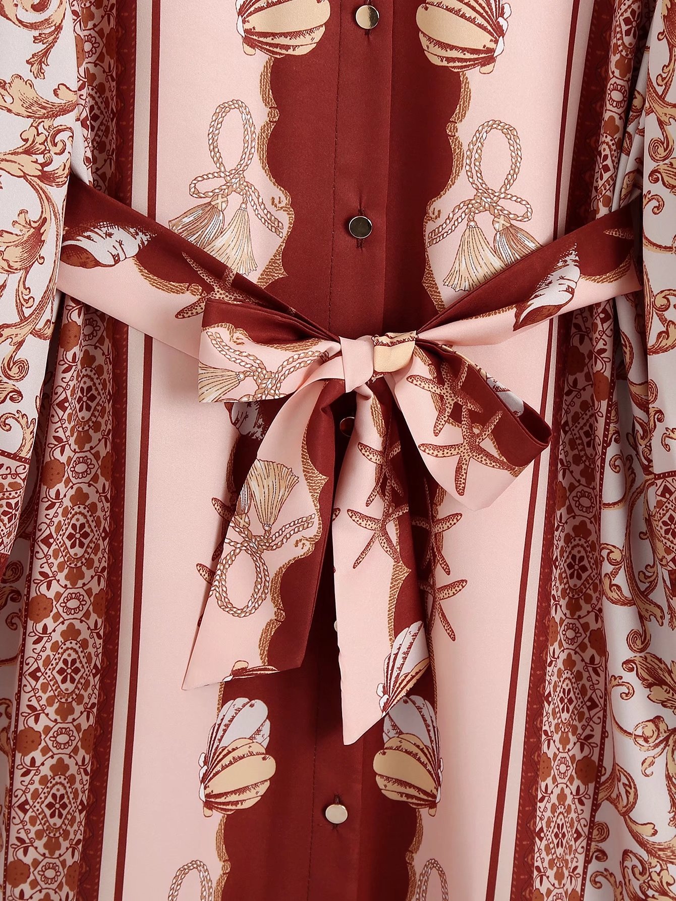 Lapel Positioned Print Nipped Waist Tie Shirt Dress