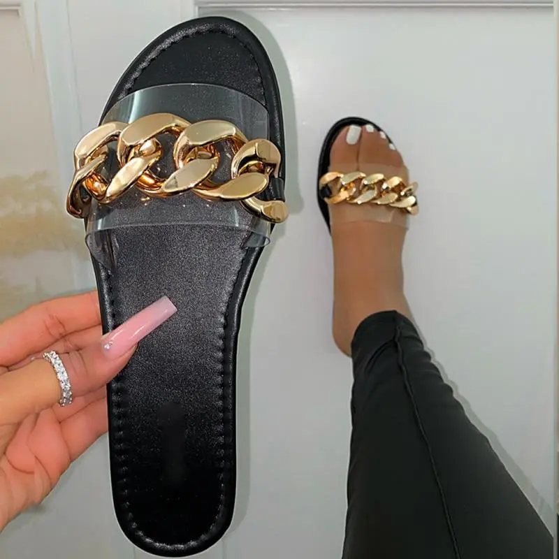 Casual Flat Bottomed Round Head One-line Candy Color Large Size Sandals And Slippers - Black