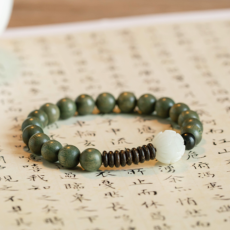 Female Green Sandalwood Buddha Beads White Bodhi Lotus Bracelet Ethnic Style