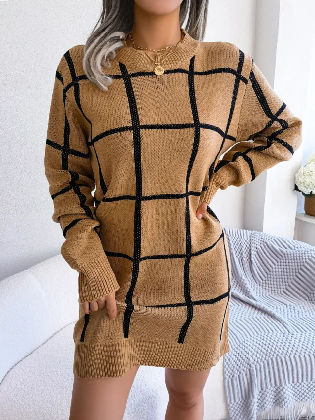 Casual Color Block Plaid Long Sleeve Sweater Dress Khaki - Shop at LoveMi