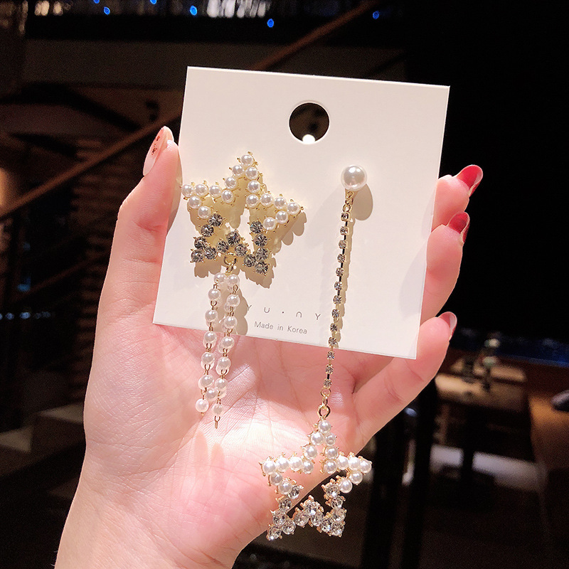 Asymmetrical Earrings Five-pointed Star Pearl Long Earrings