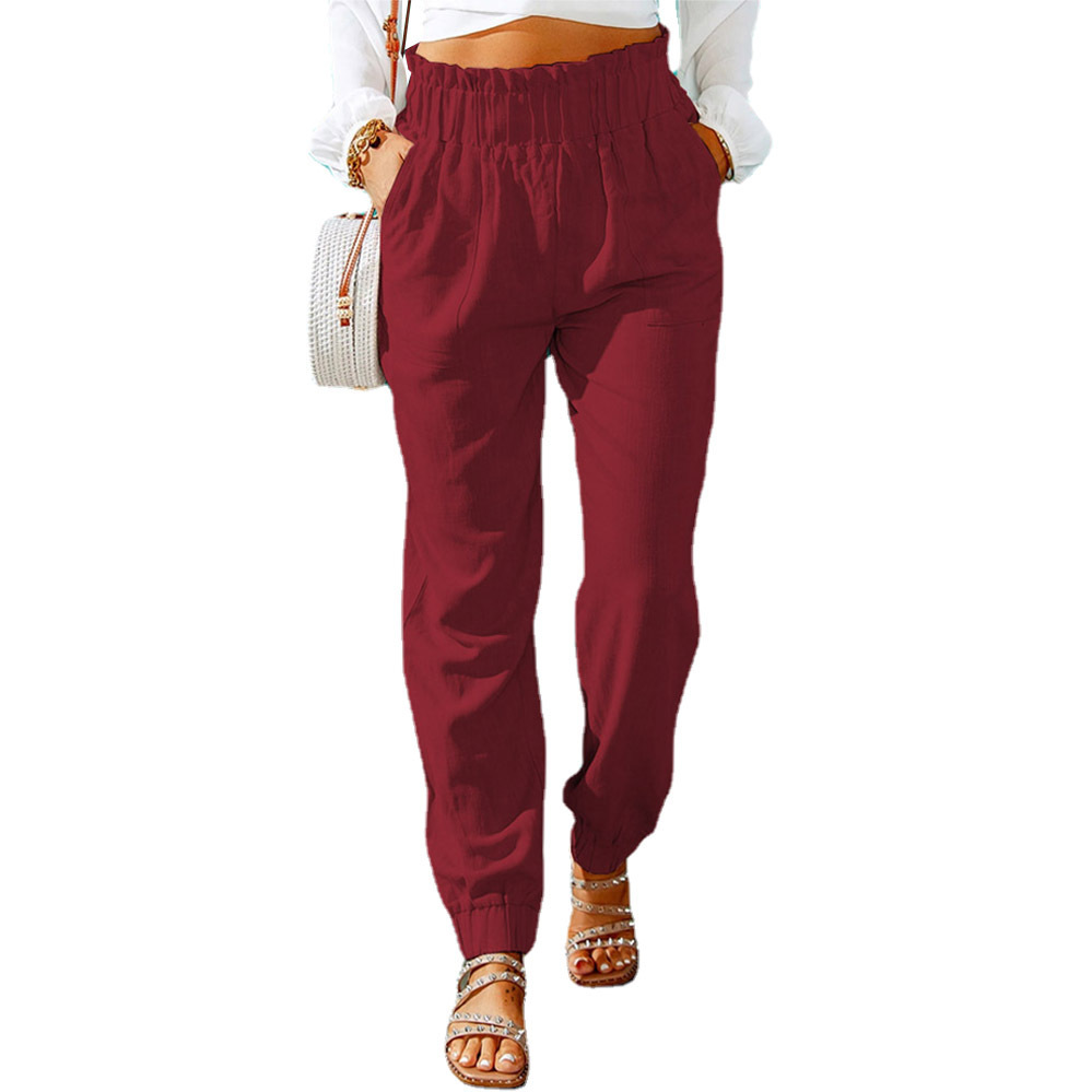 New Casual Pants European And American Ruffled Elastic Belt High Waist Trousers Wine - Shop at LoveMi